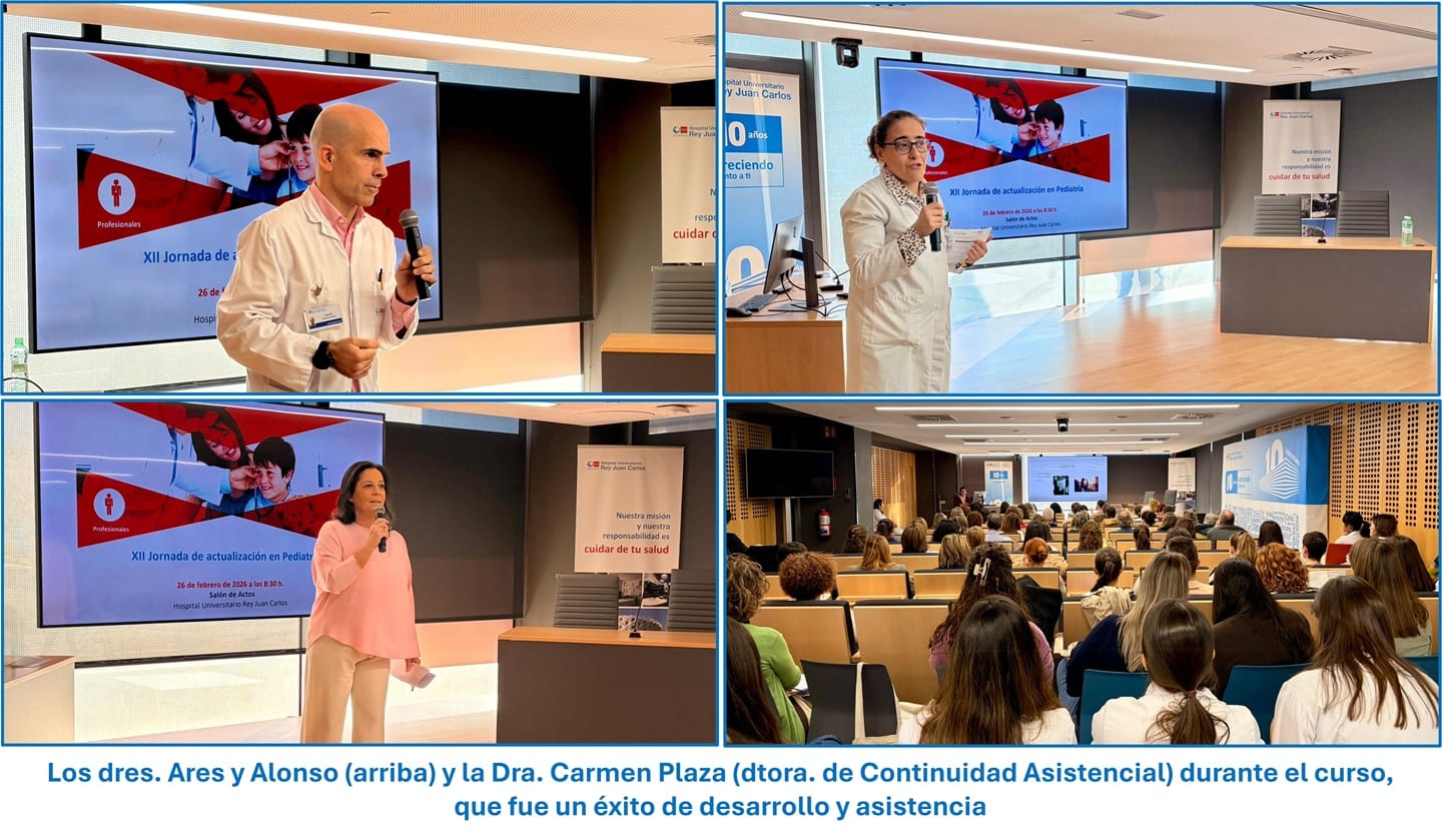 Los dres. Ares y Alonso (arriba) y la Dra. Carmen Plaza (dtora. de Continuidad Asistencial) durante el curso, que fue un éxito de desarrollo y asistencia